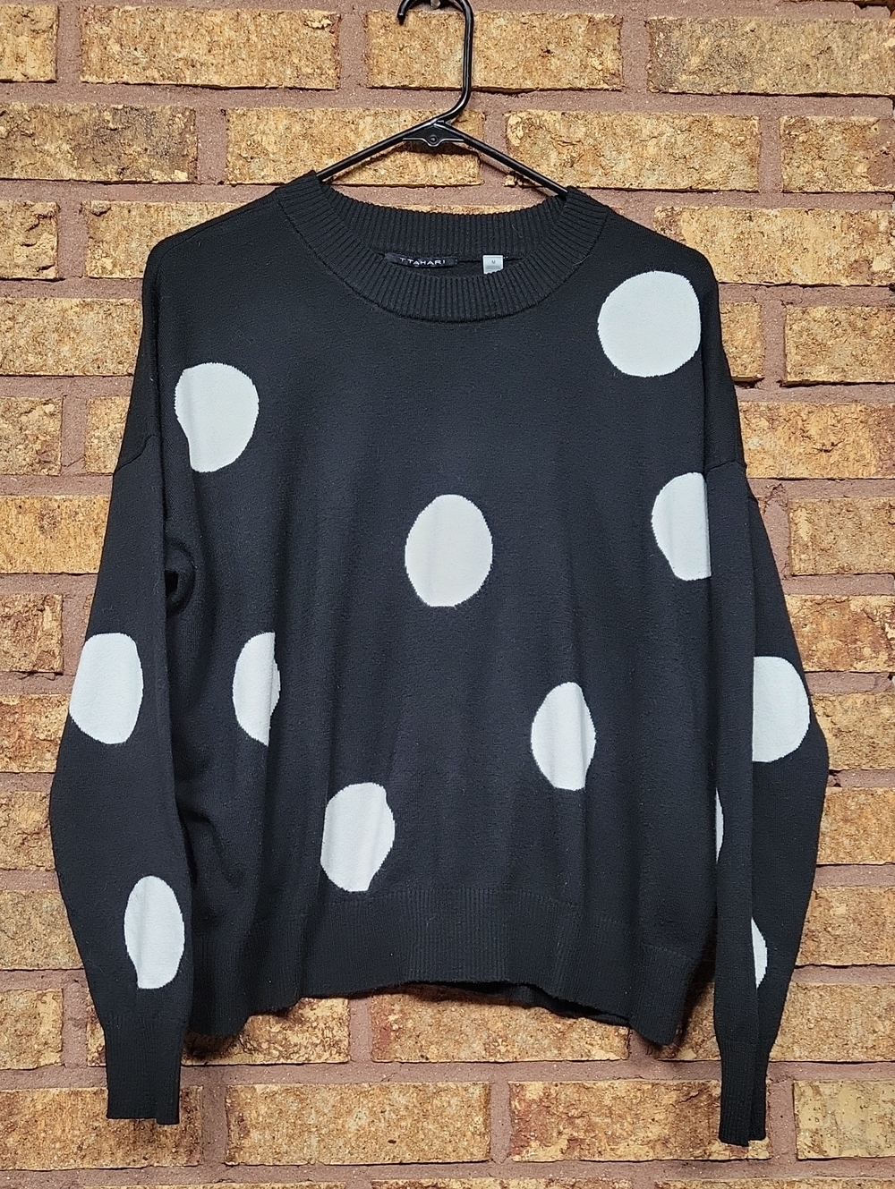 T Tahari Polka Dot Crewneck Sweater Size Medium Black & White Stretch